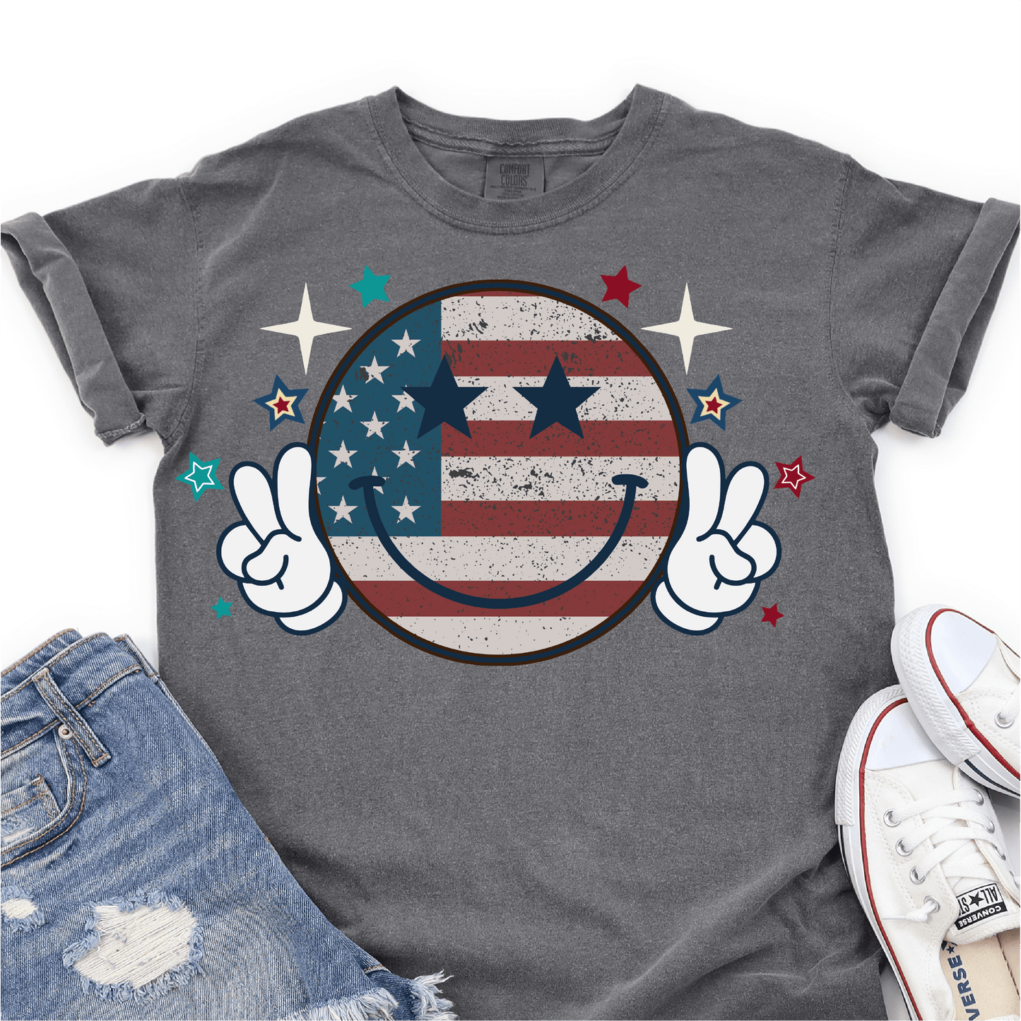 American Flag- Retro Smiley Face - Peace - 4th of July DTF Transfer - Independence Day T-shirt Transfer - Nashville Design House
