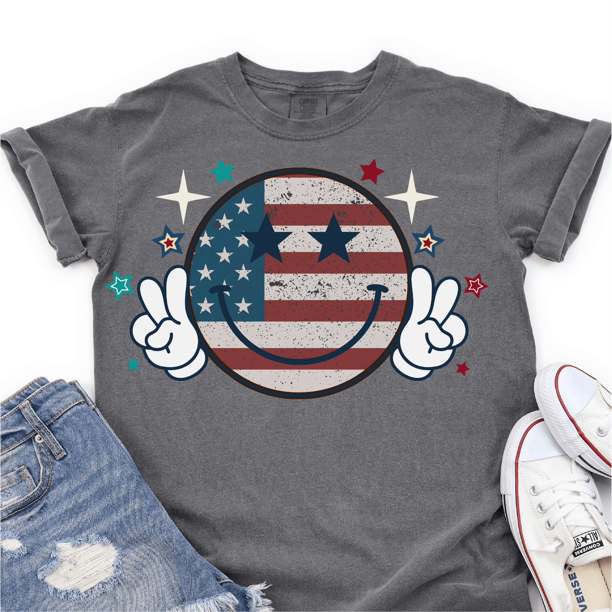 American Flag- Retro Smiley Face - Peace - 4th of July DTF Transfer - Independence Day T-shirt Transfer - Nashville Design House