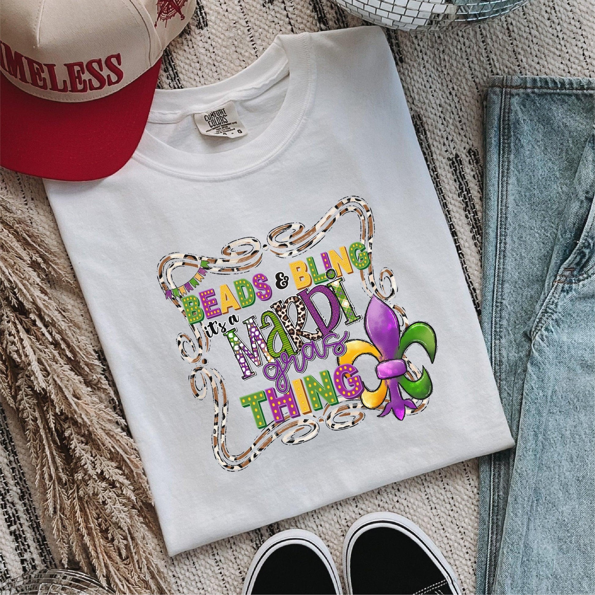 Beads and Bling, It’s a Mardi Gras Thing DTF Transfer – Colorful Fleur de Lis Design - Nashville Design House