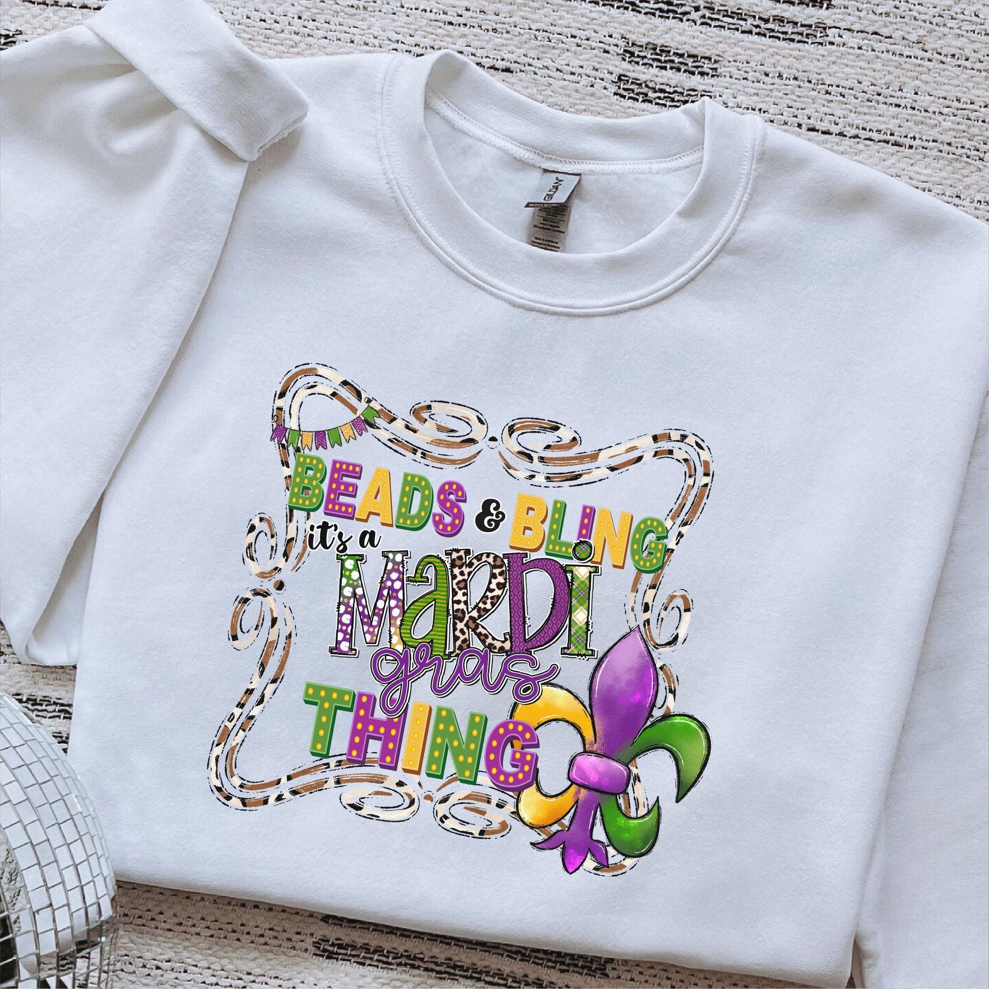 Beads and Bling, It’s a Mardi Gras Thing DTF Transfer – Colorful Fleur de Lis Design - Nashville Design House