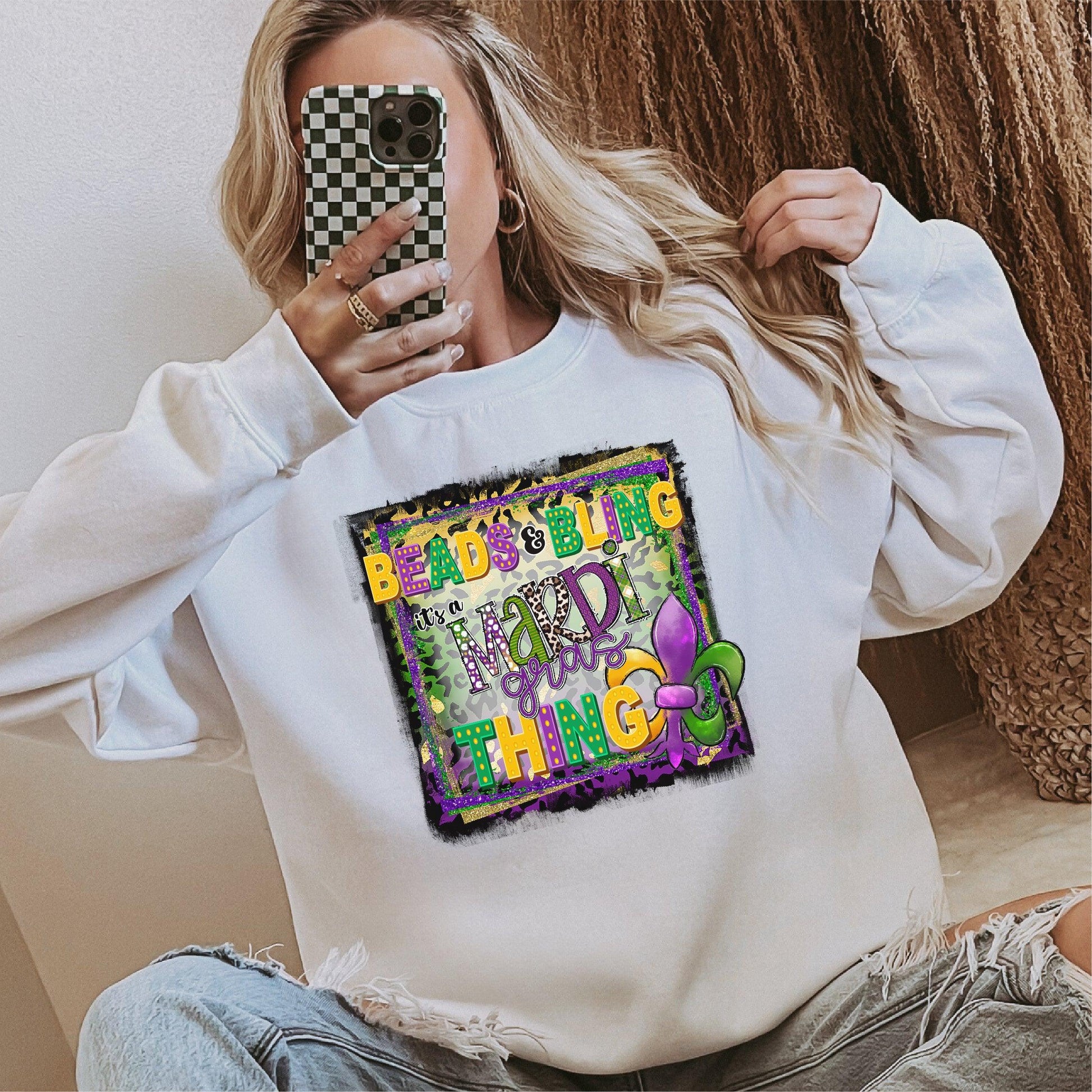 Beads and Bling, It’s a Mardi Gras Thing DTF Transfer – Vibrant Fleur de Lis Design - Nashville Design House