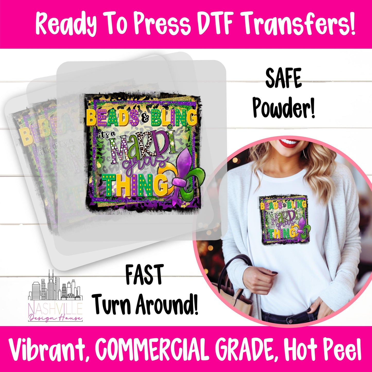 Beads and Bling, It’s a Mardi Gras Thing DTF Transfer – Vibrant Fleur de Lis Design - Nashville Design House