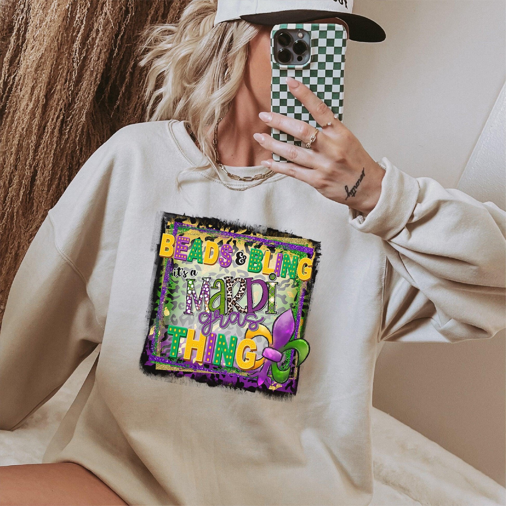 Beads and Bling, It’s a Mardi Gras Thing DTF Transfer – Vibrant Fleur de Lis Design - Nashville Design House