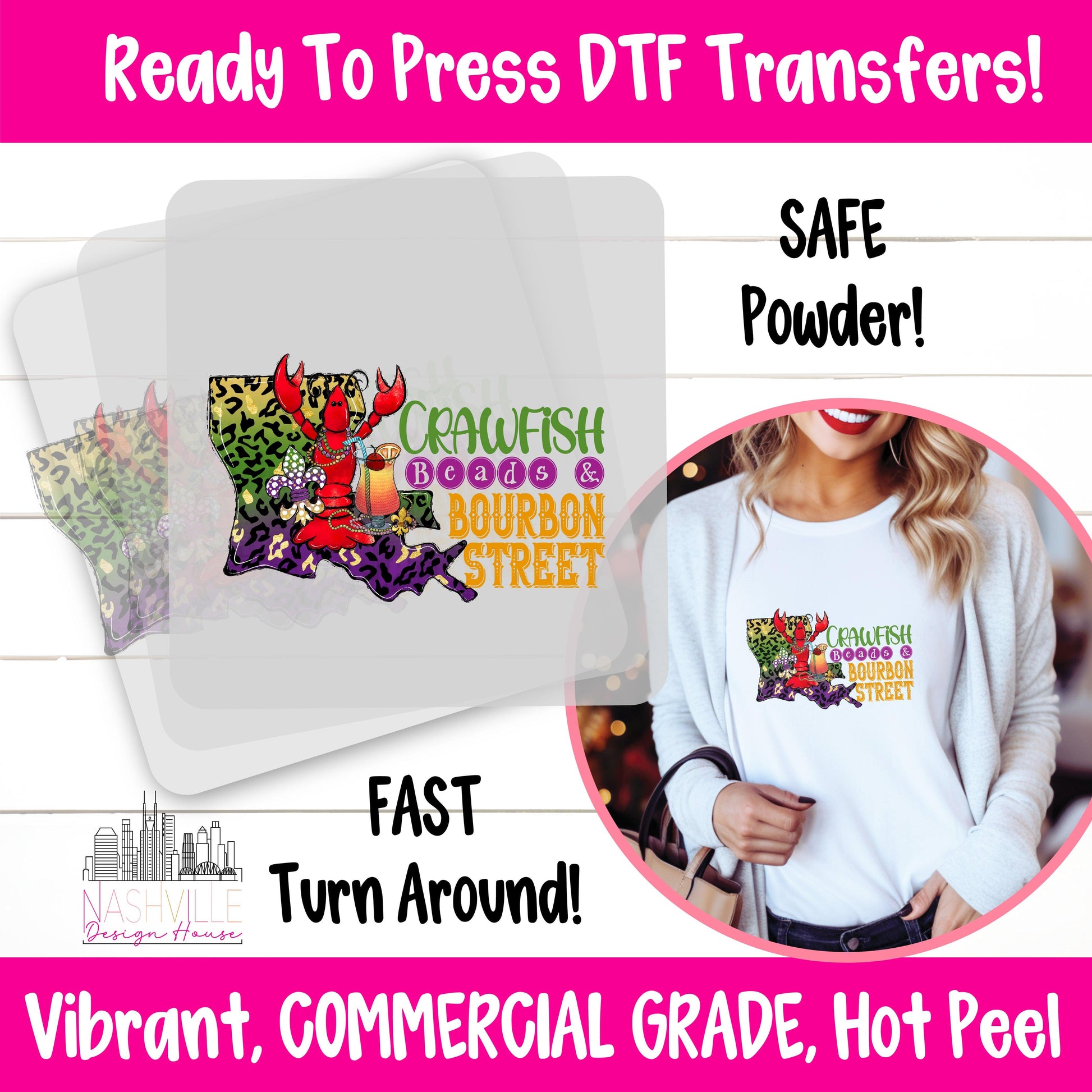 Crawfish, Beads & Bourbon Street Mardi Gras DTF Transfer – Louisiana Love Design - Nashville Design House