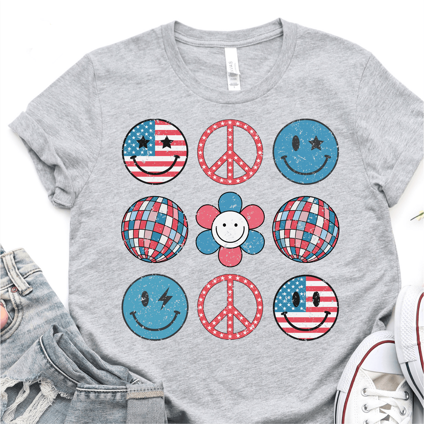 Cute Retro Smiley - Disco Balls - Red White And Blue- 4th of July DTF Transfer - Independence Day T-shirt Transfer - Nashville Design House