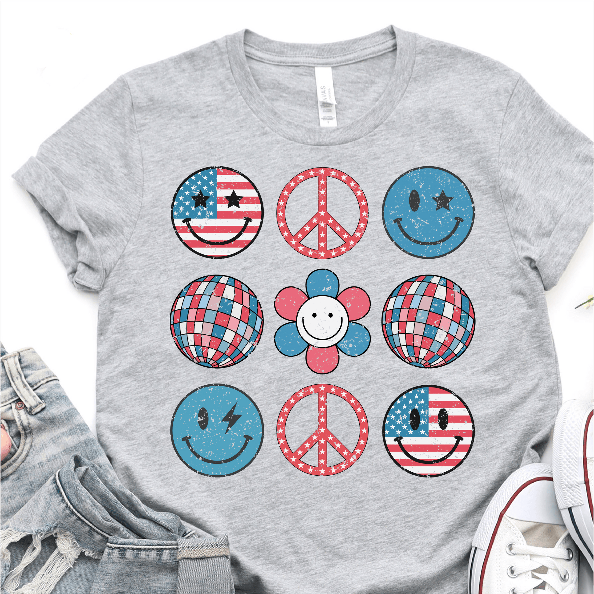 Cute Retro Smiley - Disco Balls - Red White And Blue- 4th of July DTF Transfer - Independence Day T-shirt Transfer - Nashville Design House