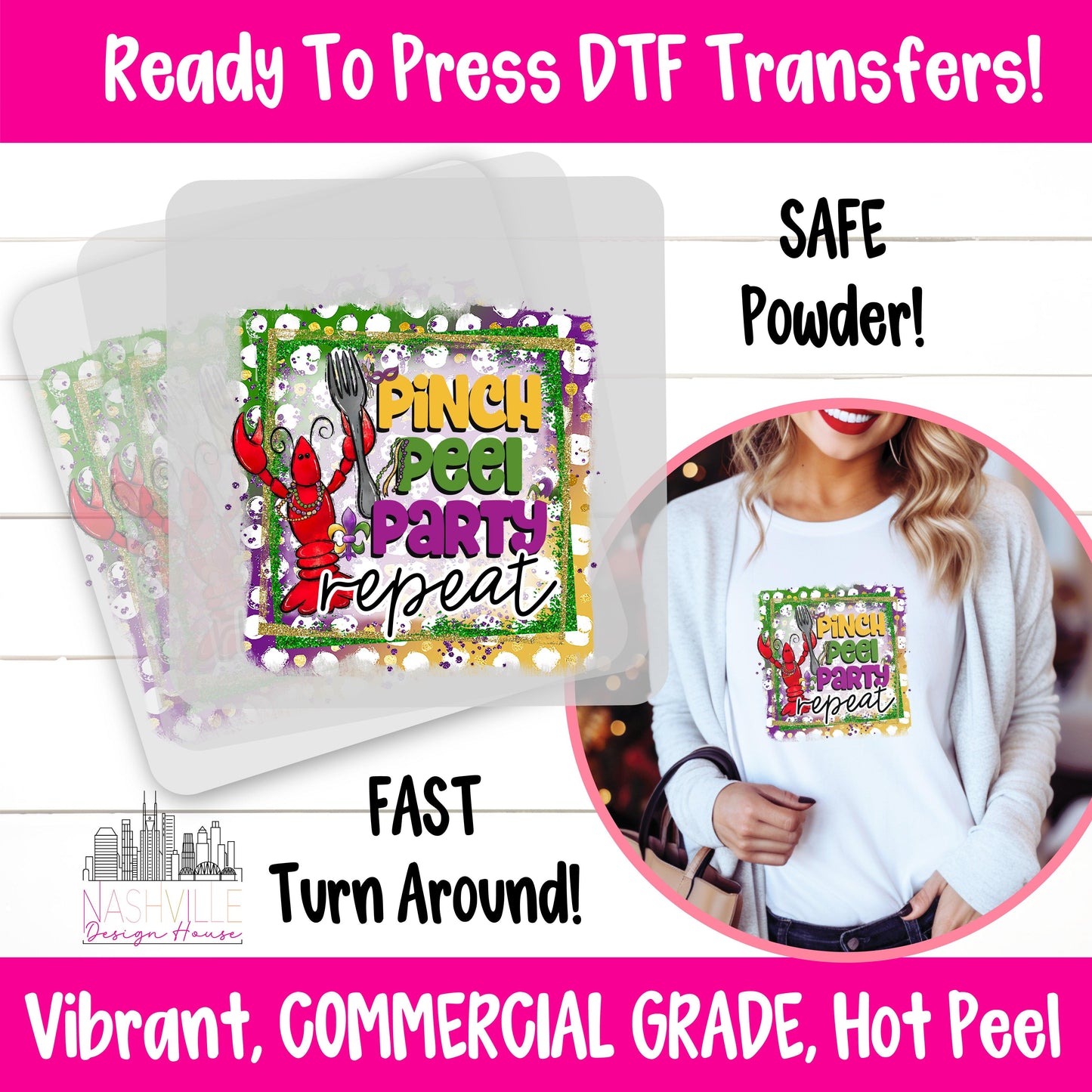 Pinch, Peel, Party, Repeat Mardi Gras DTF Transfer – Beaded Crawfish Design - Nashville Design House