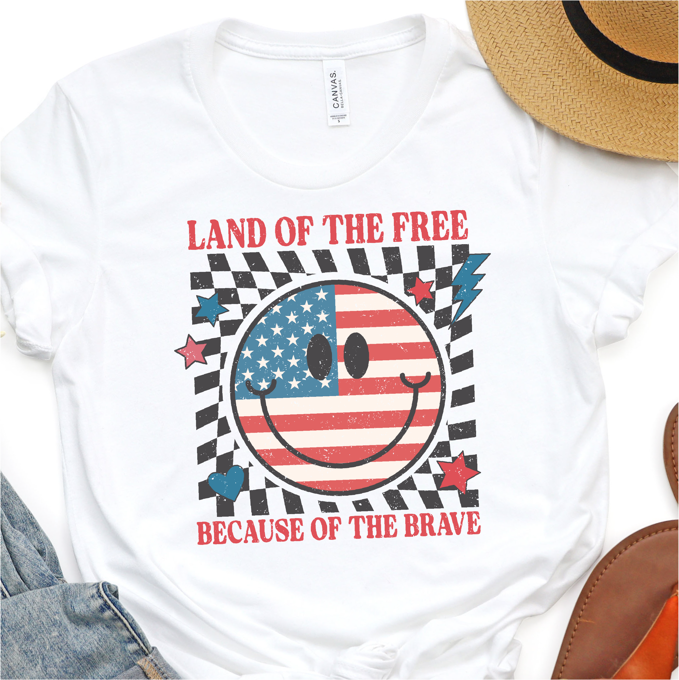 Land Of The Free Because Of The Brave - Retro Smiley - 4th of July DTF Transfer - Independence Day T-shirt Transfer Nashville Design House