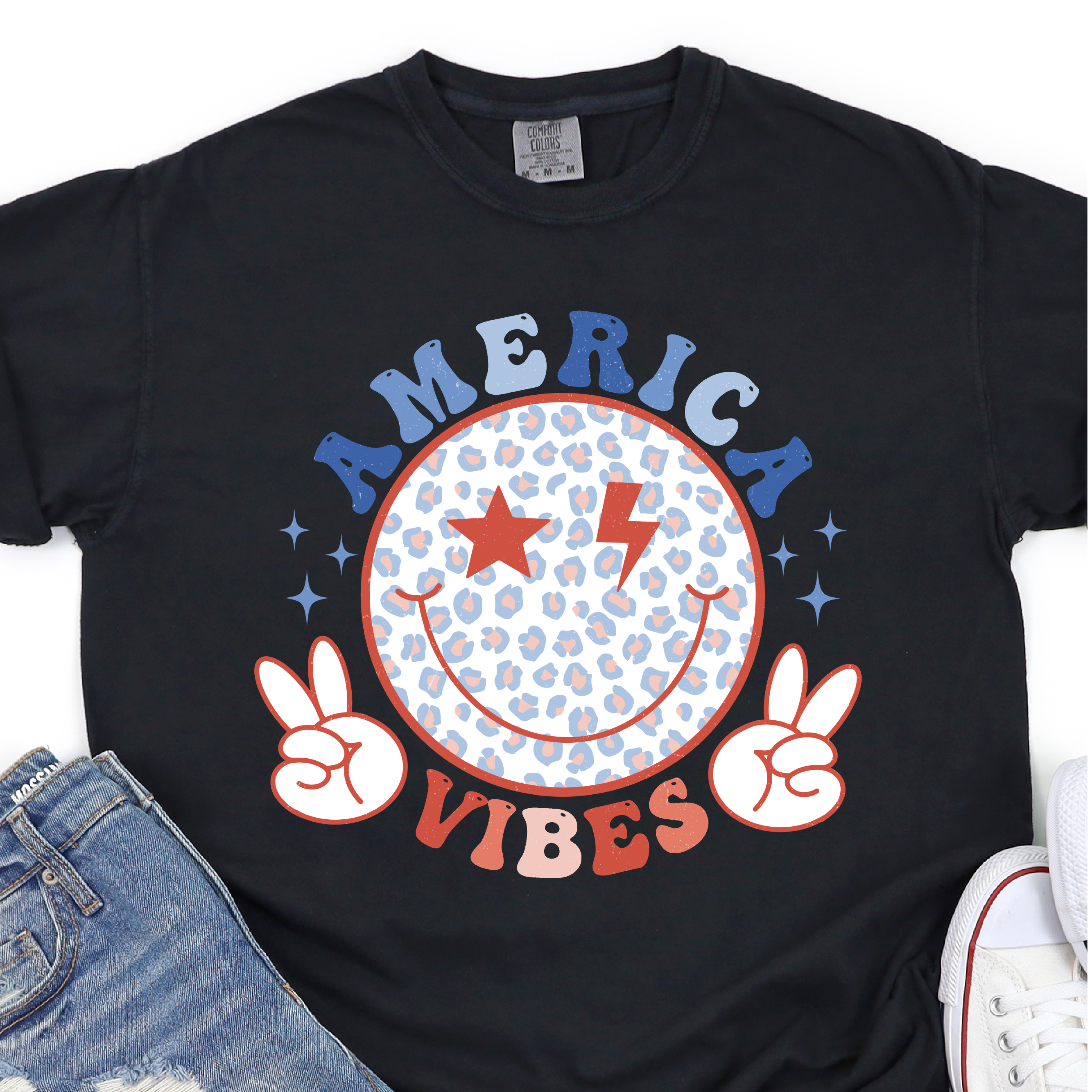 America Vibes - Leopard Retro SMiley- 4th of July DTF Transfer - Independence Day T-shirt Transfer Nashville Design House
