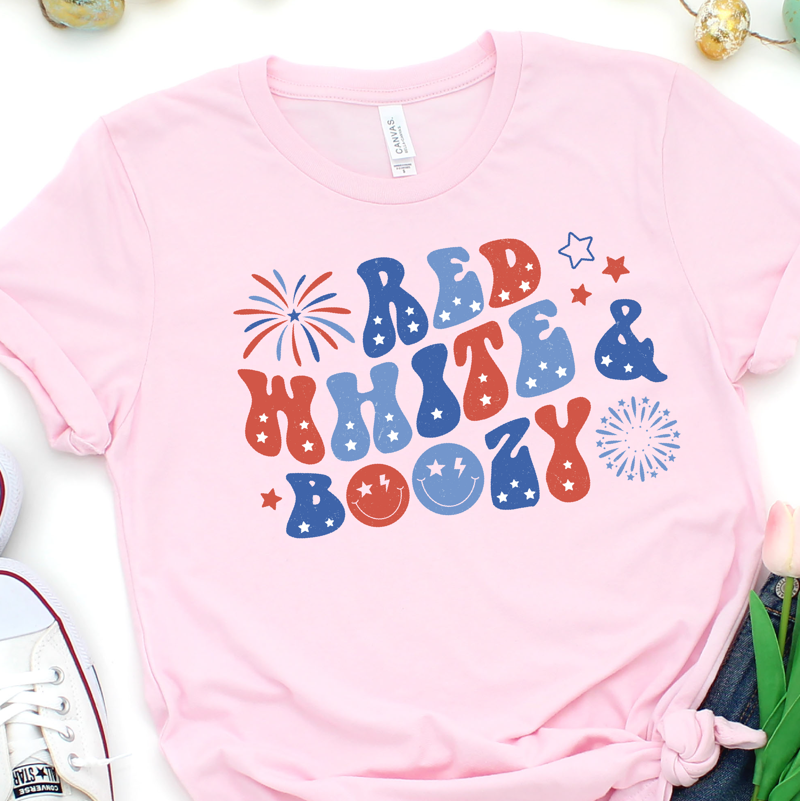 Red White and Boozy - Fireworks and Smiley Faces - 4th of July DTF Transfer - Independence Day T-shirt Transfer Nashville Design House