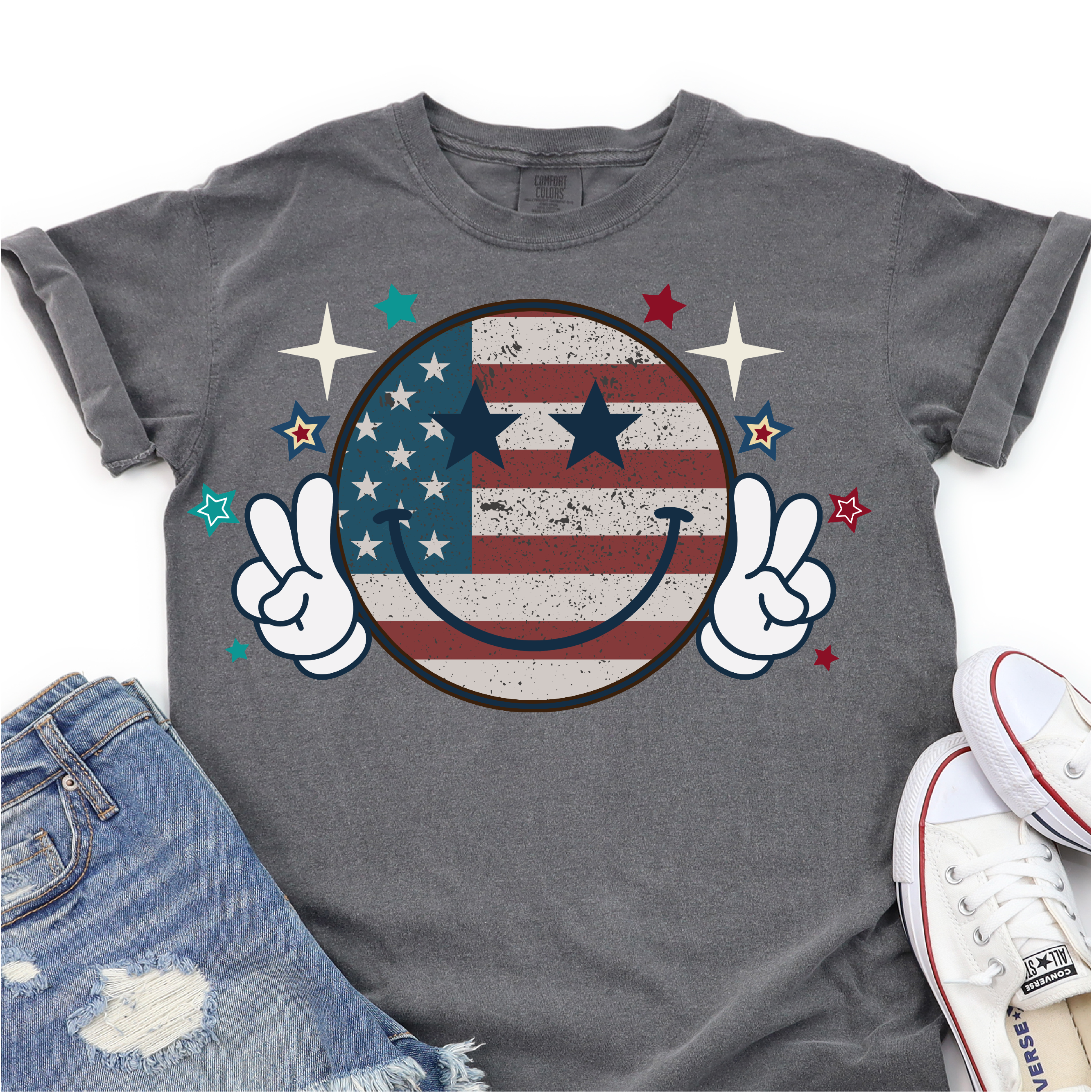 American Flag- Retro Smiley Face - Peace - 4th of July DTF Transfer - Independence Day T-shirt Transfer Nashville Design House