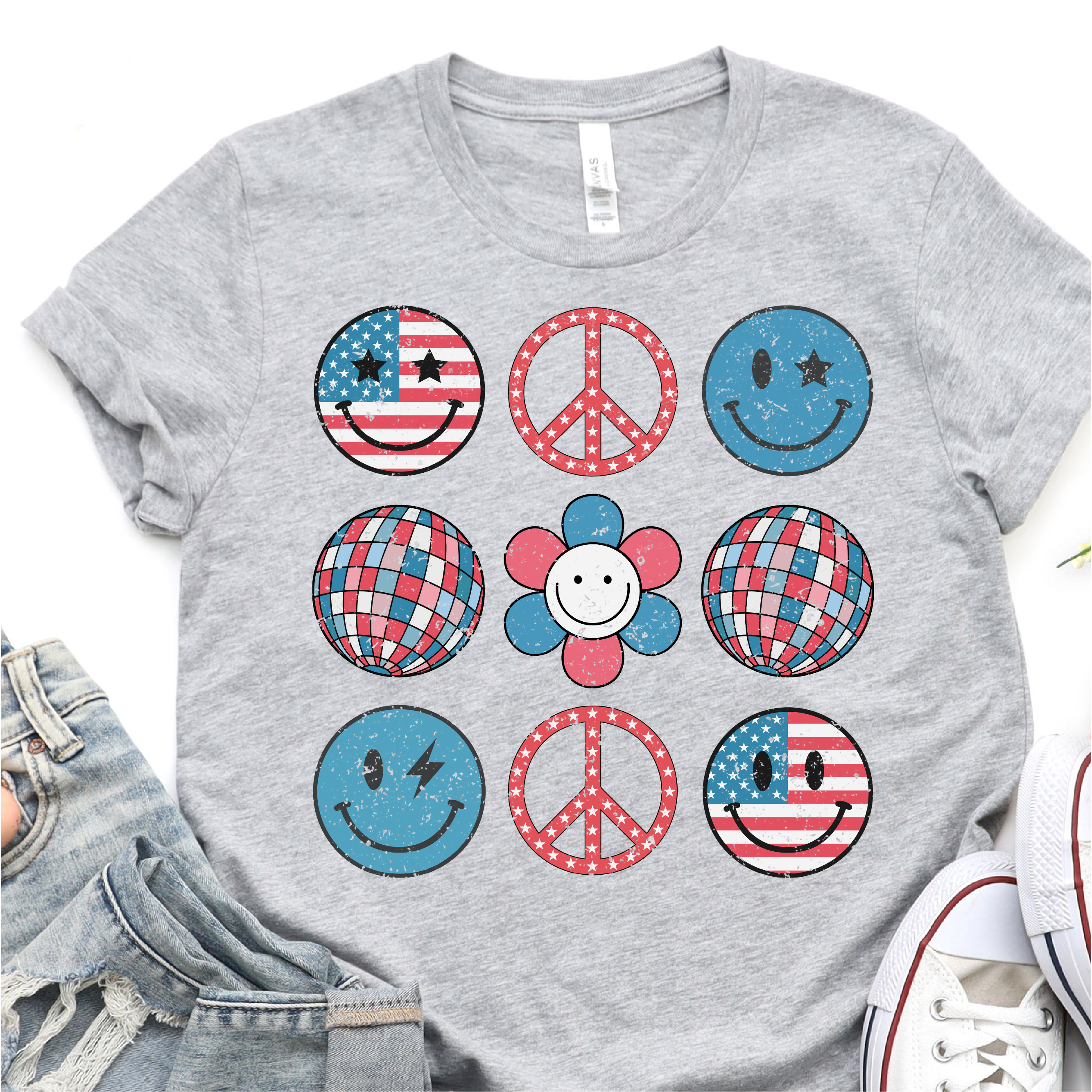 Cute Retro Smiley - Disco Balls - Red White And Blue- 4th of July DTF Transfer - Independence Day T-shirt Transfer Nashville Design House