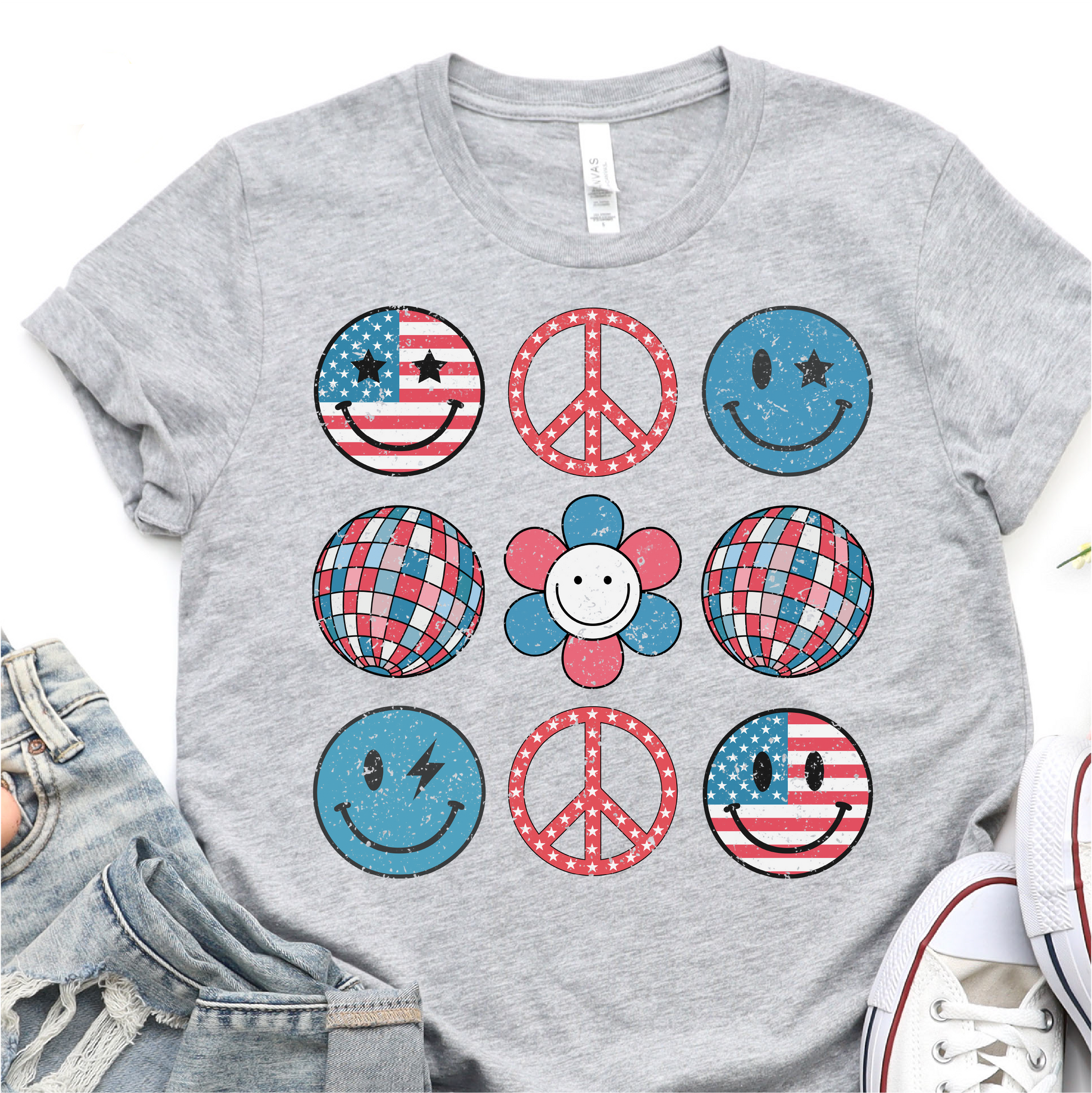 Cute Retro Smiley - Disco Balls - Red White And Blue- 4th of July DTF Transfer - Independence Day T-shirt Transfer Nashville Design House