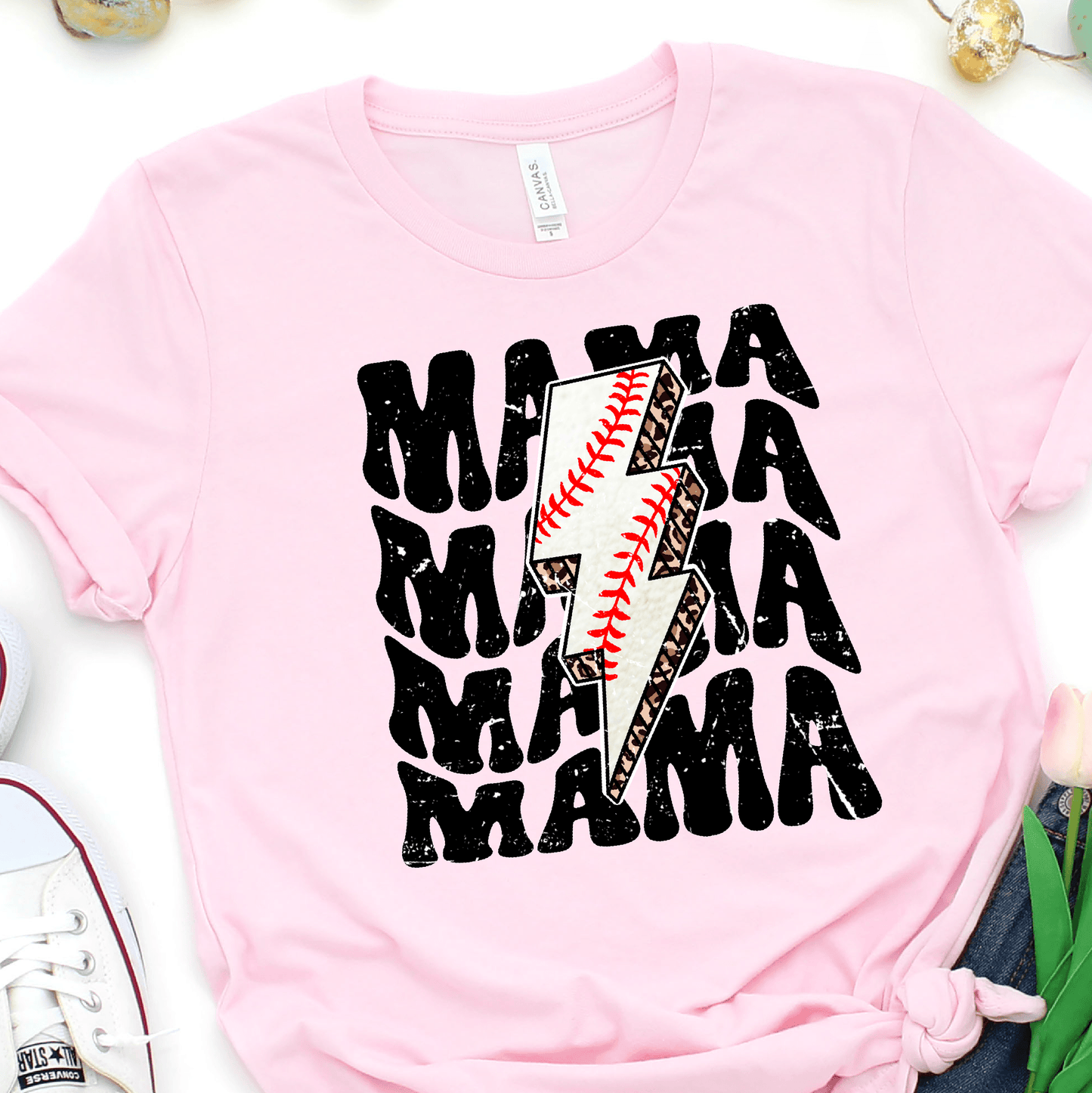 Stacked Retro Mama - Baseball Lightning Bolt - Baseball DTF Transfer Nashville Design House