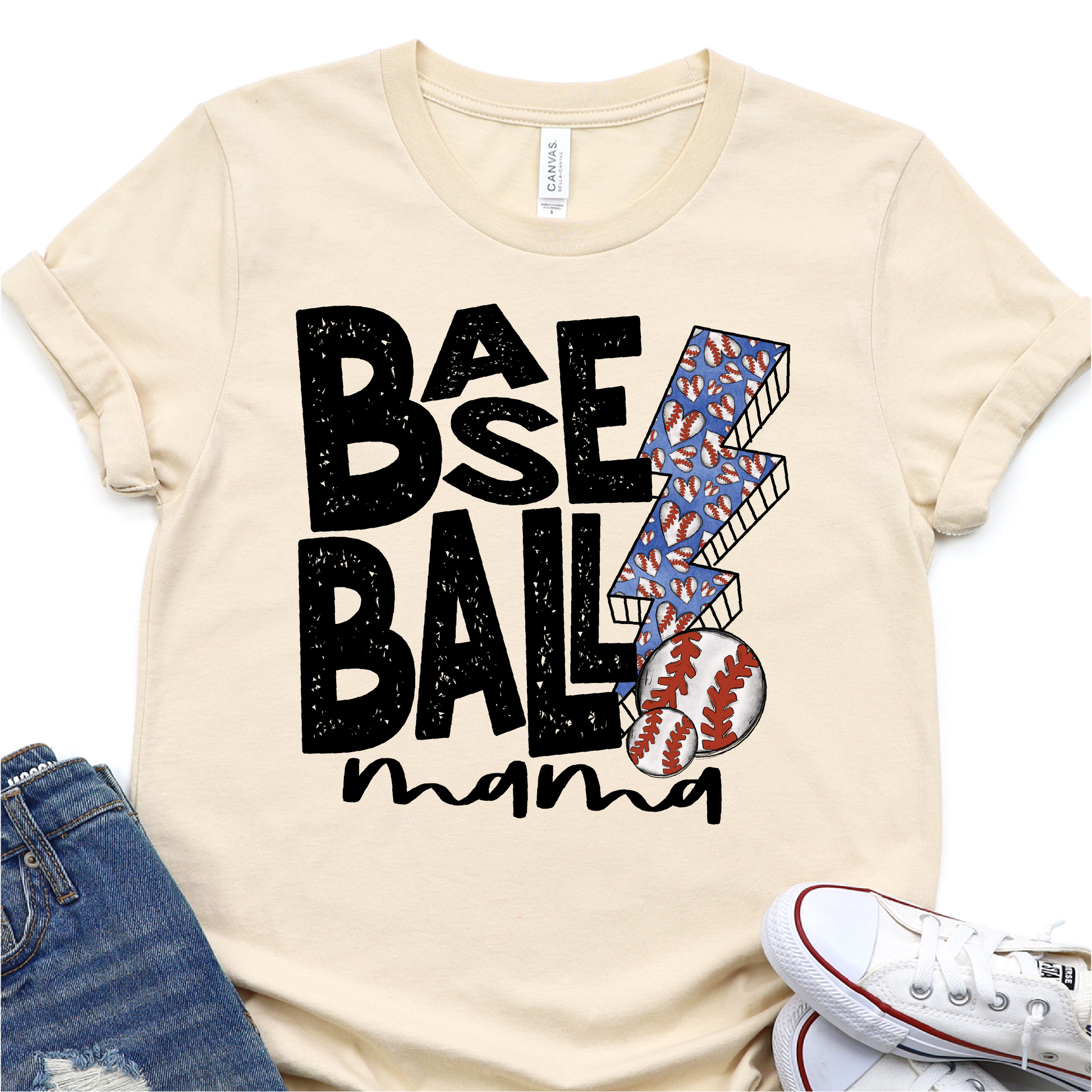 Hand Lettered Basbeball Mama - Retro Lightning Bolt - Baseball DTF Transfer Nashville Design House