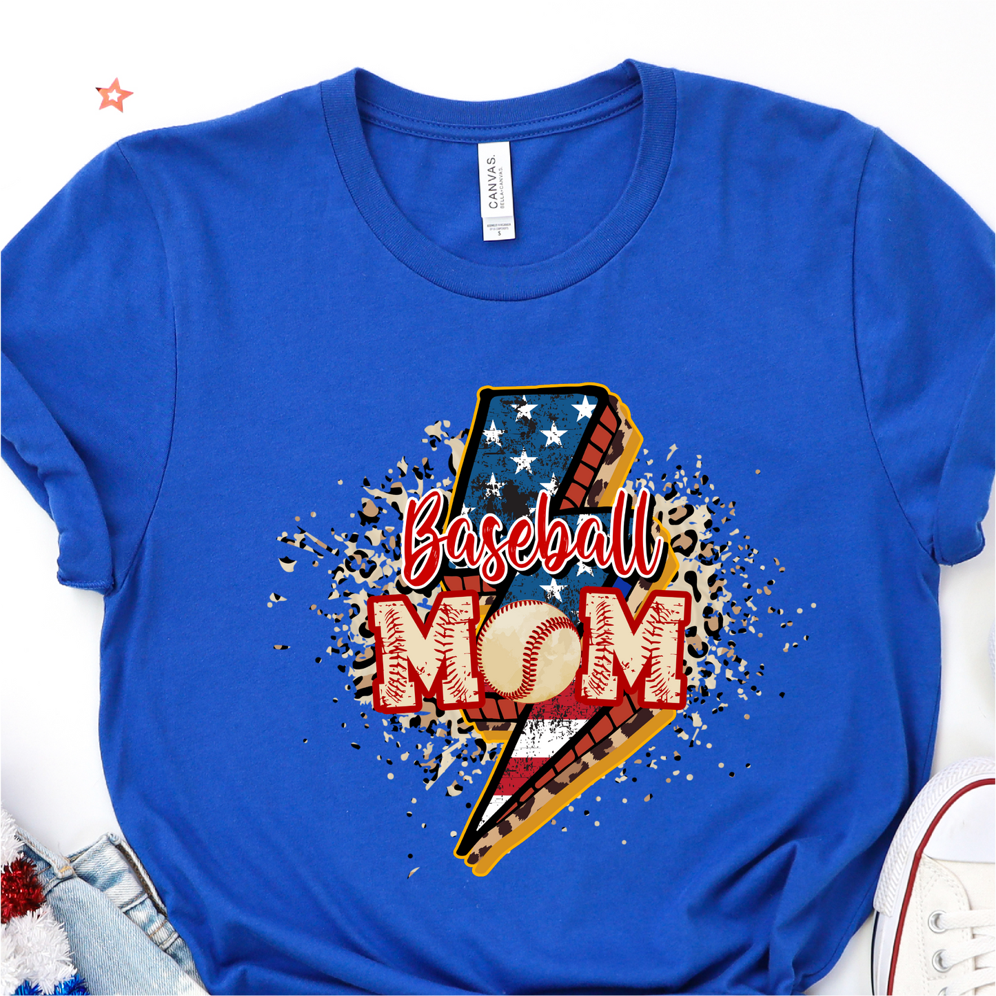 Americana Lightning Bolt Leopard Baseball Mom - Baseball DTF Transfer Nashville Design House