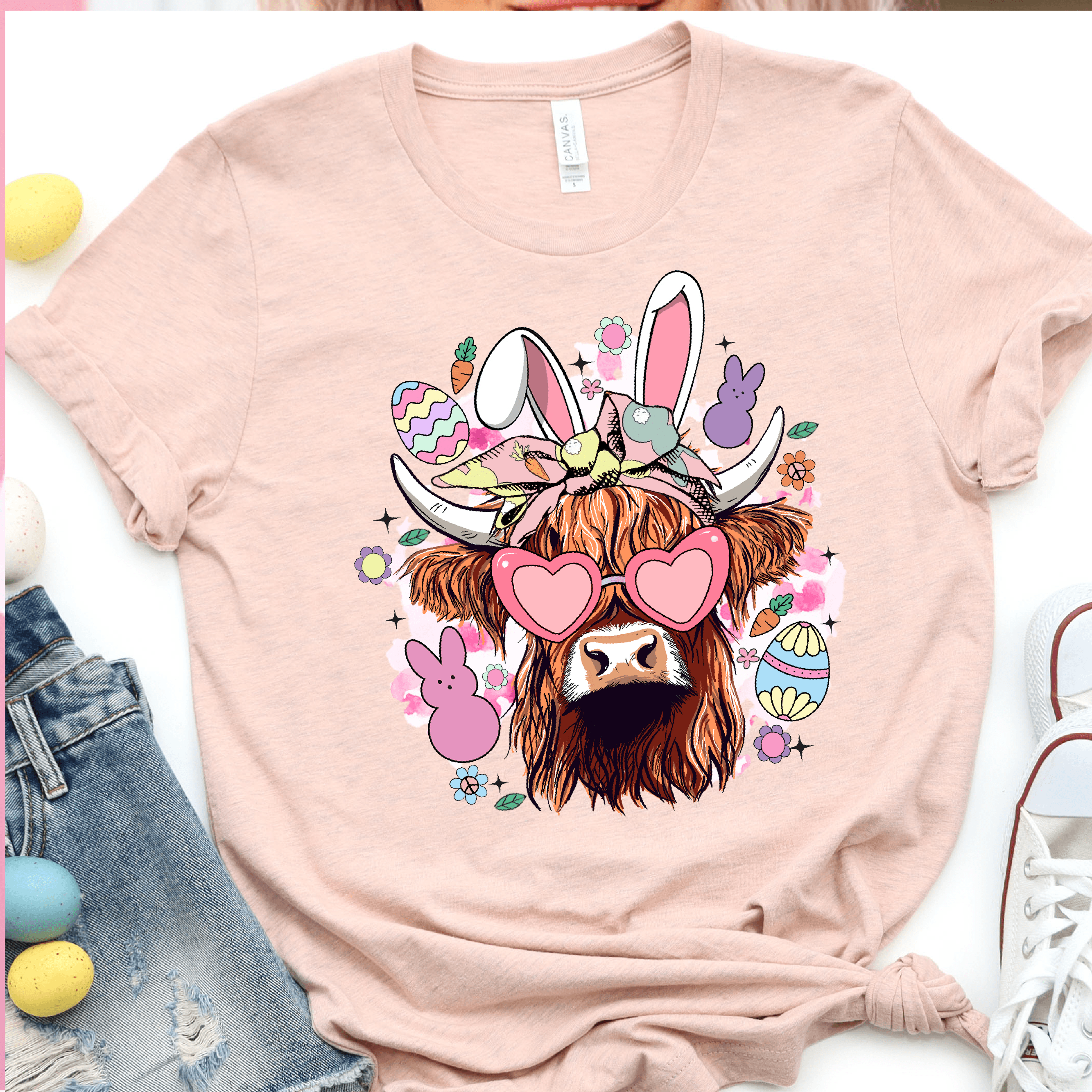 Boujee Highland Cow with Bunny Ears and Easter Eggs - Easter DTF Transfer Nashville Design House