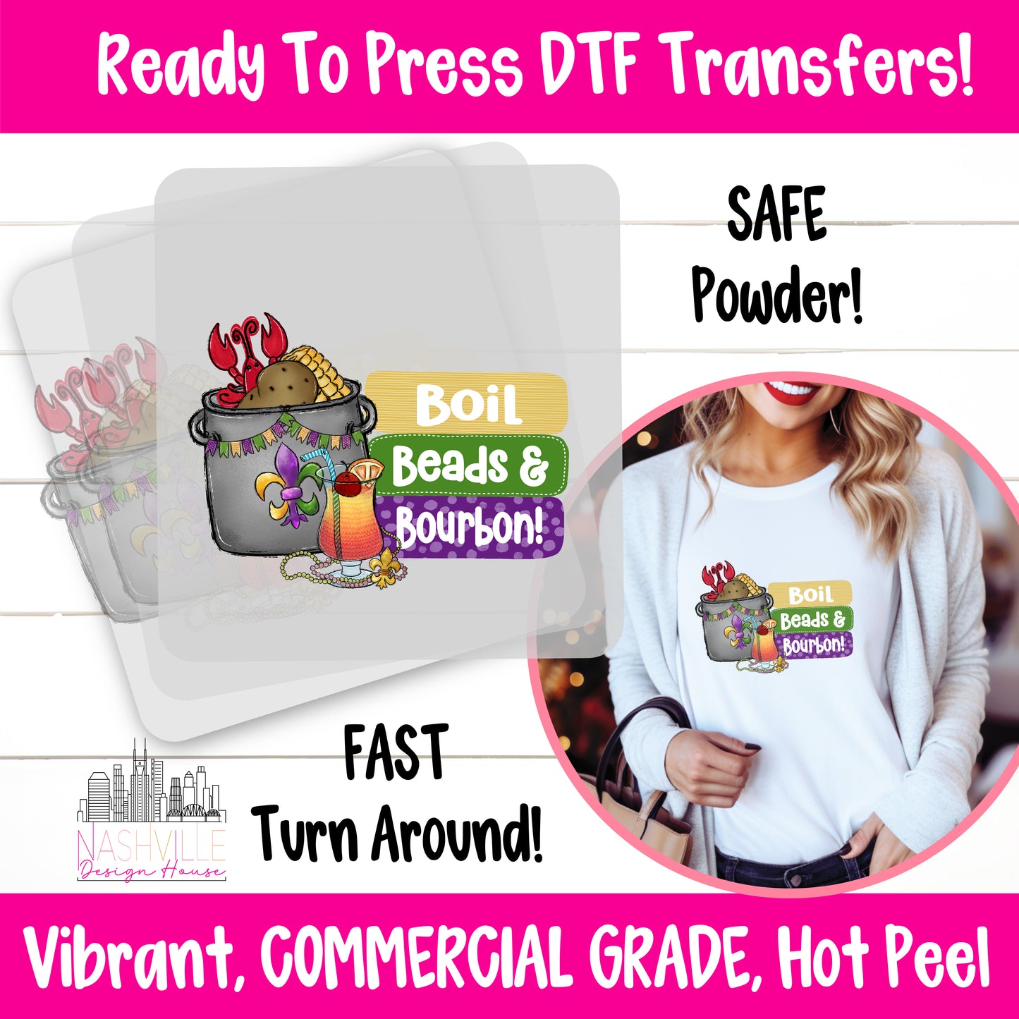 Beads, Boil, and Bourbon Mardi Gras DTF Transfer