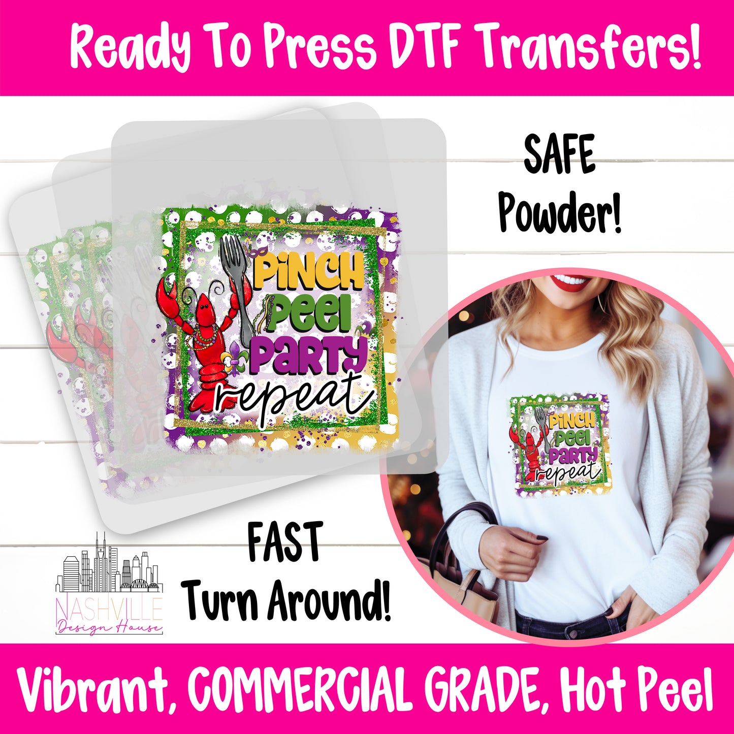 Pinch, Peel, Party, Repeat Mardi Gras DTF Transfer – Beaded Crawfish Design