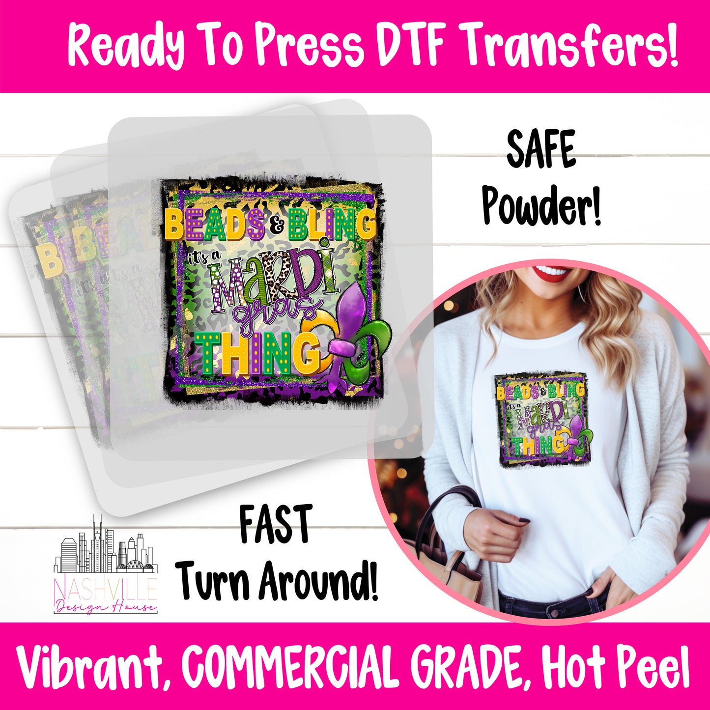 Beads and Bling, It’s a Mardi Gras Thing DTF Transfer – Vibrant Fleur de Lis Design