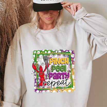 Pinch, Peel, Party, Repeat Mardi Gras DTF Transfer – Beaded Crawfish Design