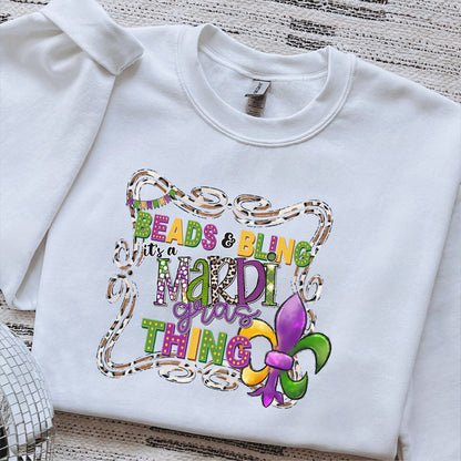 Beads and Bling, It’s a Mardi Gras Thing DTF Transfer – Colorful Fleur de Lis Design