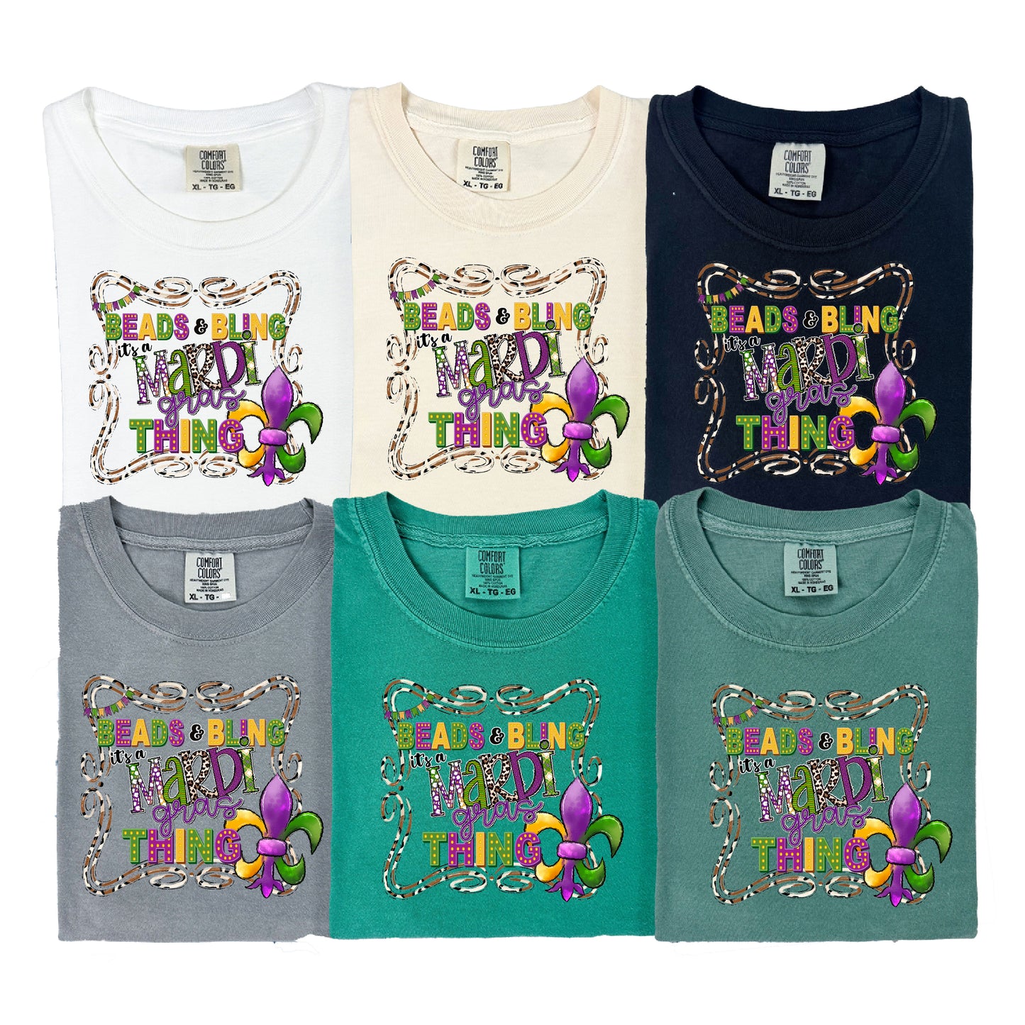 Beads and Bling, It’s a Mardi Gras Thing DTF Transfer – Colorful Fleur de Lis Design