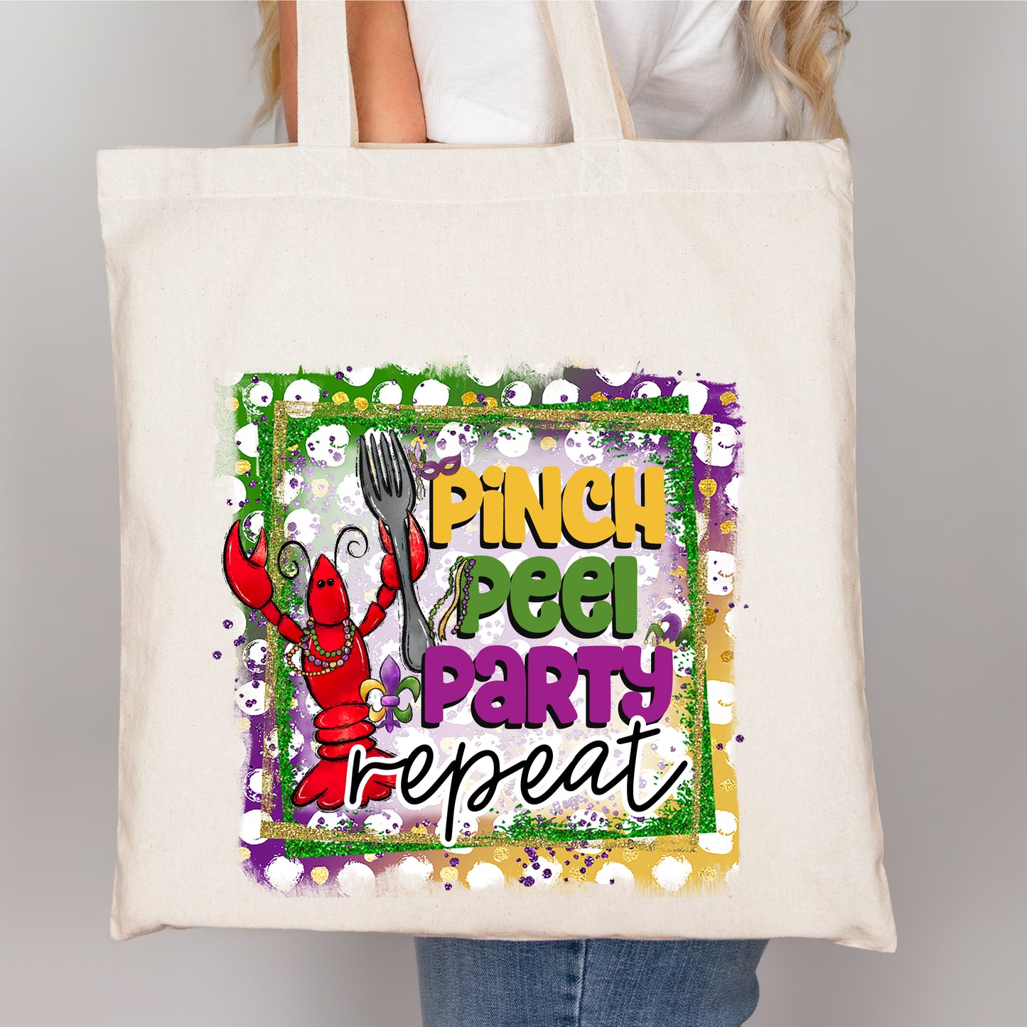 Pinch, Peel, Party, Repeat Mardi Gras DTF Transfer – Beaded Crawfish Design