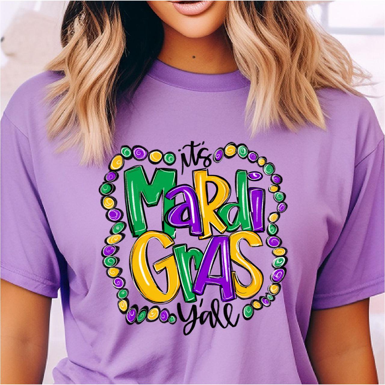 Purple, Green and Gold Beads with Hand Lettered Mardi Gras Y'all DTF Transfer Print, T-Shirt Transfer Nashville Design House