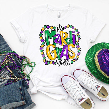 Purple, Green and Gold Beads with Hand Lettered Mardi Gras Y'all DTF Transfer Print, T-Shirt Transfer Nashville Design House