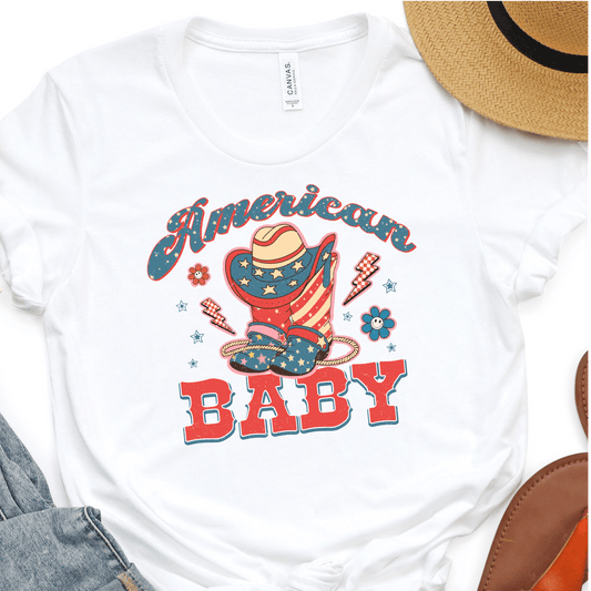 American Baby - Cowboy Boots - 4th of July DTF Transfer - Independence Day T-shirt Transfer - Nashville Design House