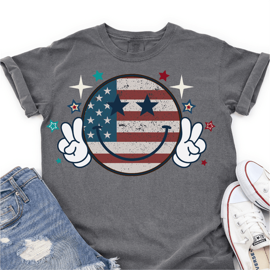 American Flag- Retro Smiley Face - Peace - 4th of July DTF Transfer - Independence Day T-shirt Transfer - Nashville Design House