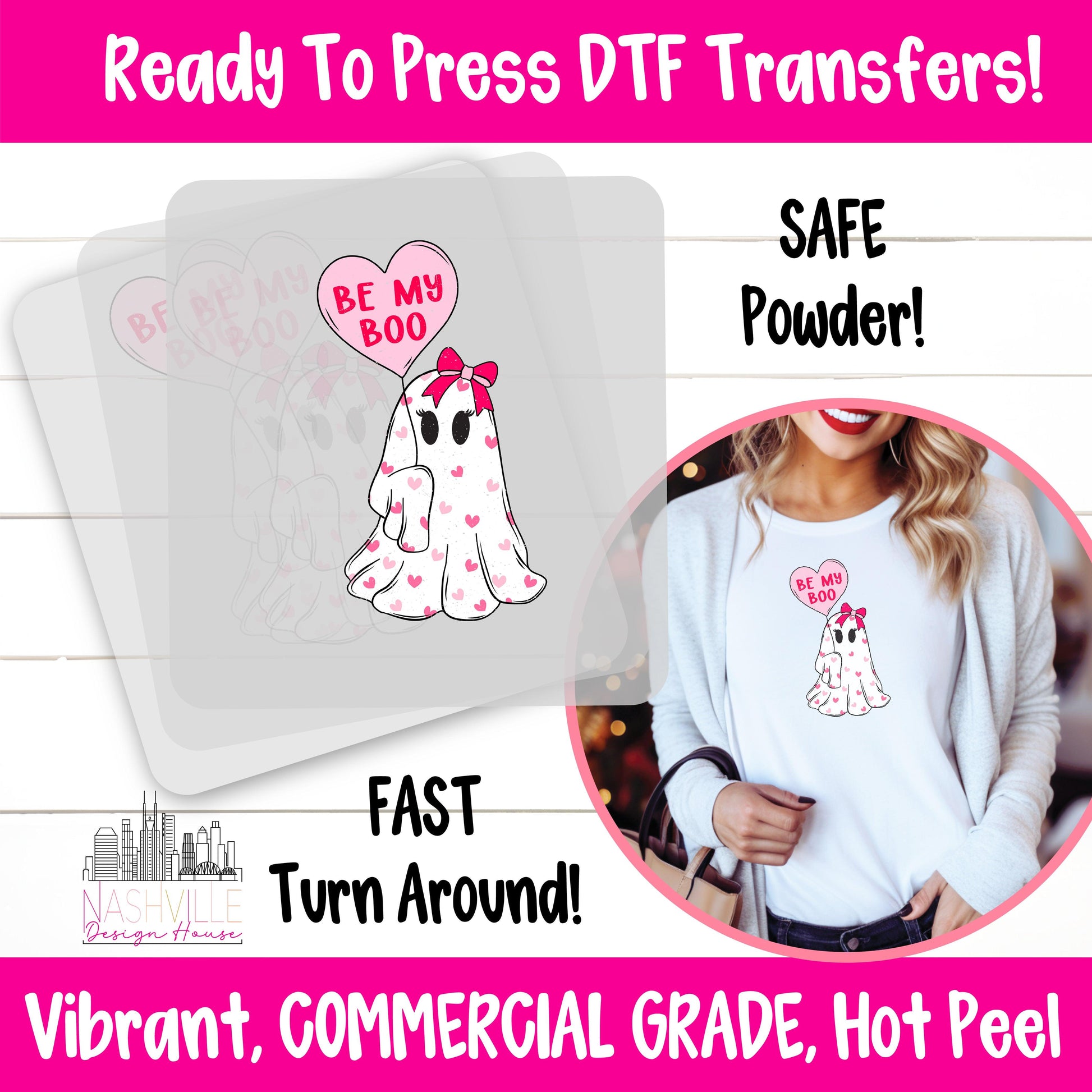 Be My Boo Valentine’s DTF Transfer – Cute Ghost with Heart Balloon Design - Nashville Design House