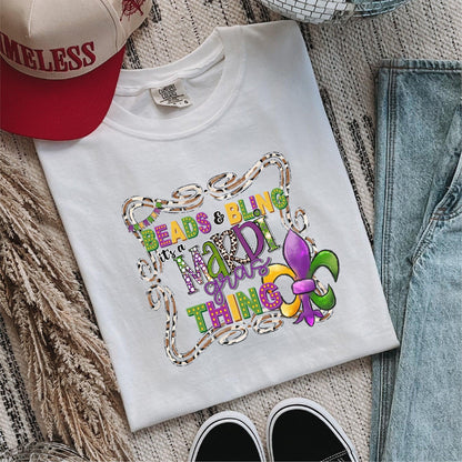 Beads and Bling, It’s a Mardi Gras Thing DTF Transfer – Colorful Fleur de Lis Design - Nashville Design House
