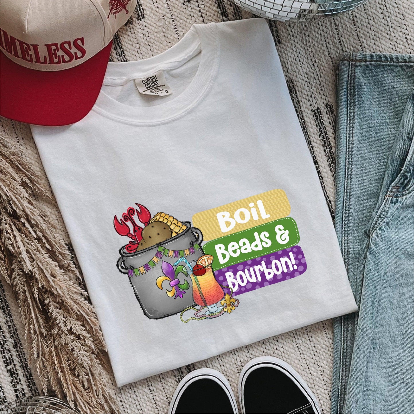 Beads, Boil, and Bourbon Mardi Gras DTF Transfer - Nashville Design House