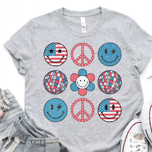 Cute Retro Smiley - Disco Balls - Red White And Blue- 4th of July DTF Transfer - Independence Day T-shirt Transfer - Nashville Design House