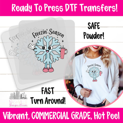 Freezin’ Season DTF Transfer – Smiling Snowflake with Tumbler Design - Nashville Design House