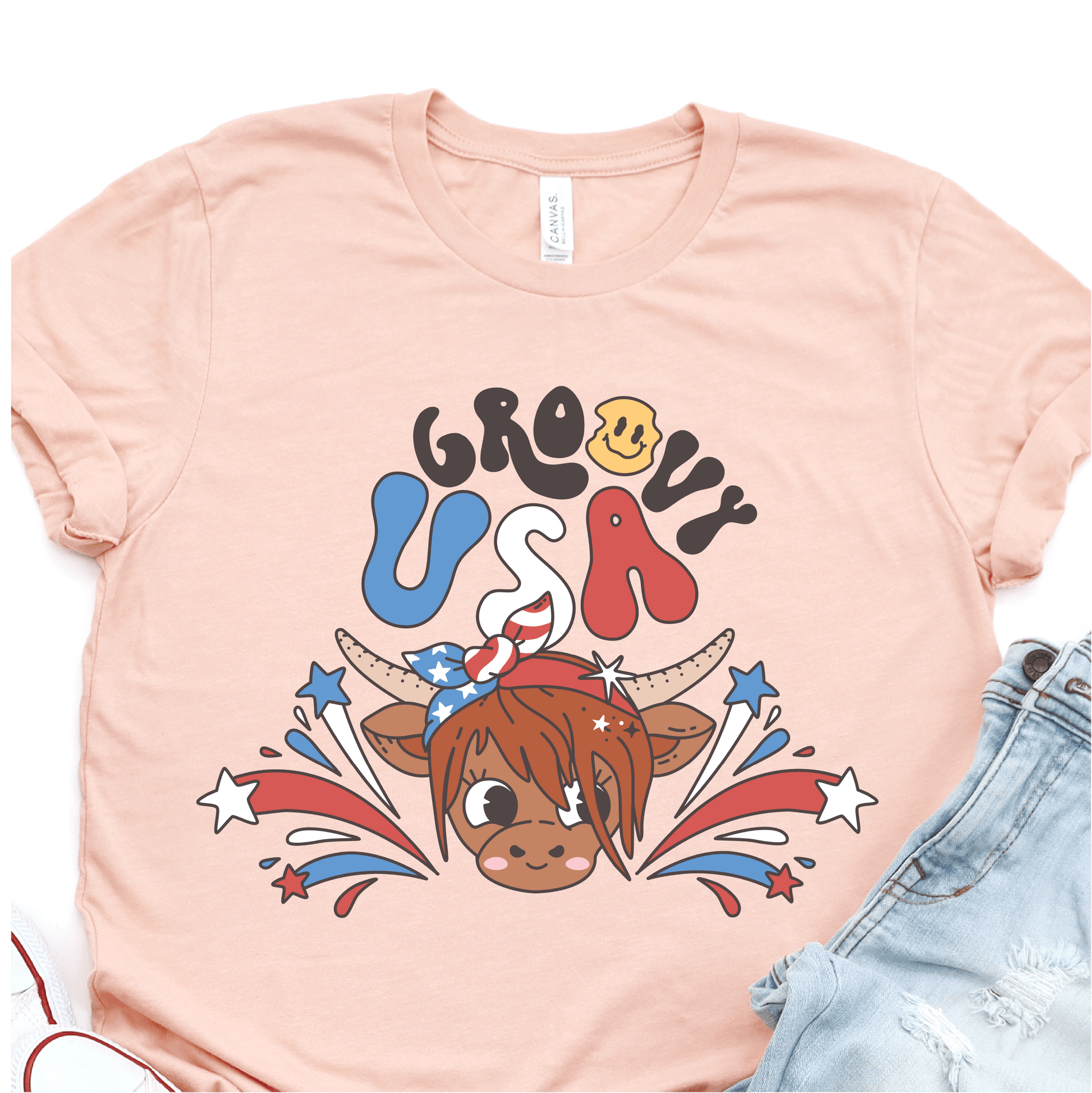 Groovy USA - Cute Cow - 4th of July DTF Transfer - Independence Day T-shirt Transfer - Nashville Design House