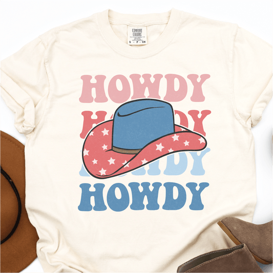 Howdy Howdy Howdy - Red, Blue and Stars Cowboy Hat - 4th of July DTF Transfer - Independence Day T-shirt Transfer - Nashville Design House