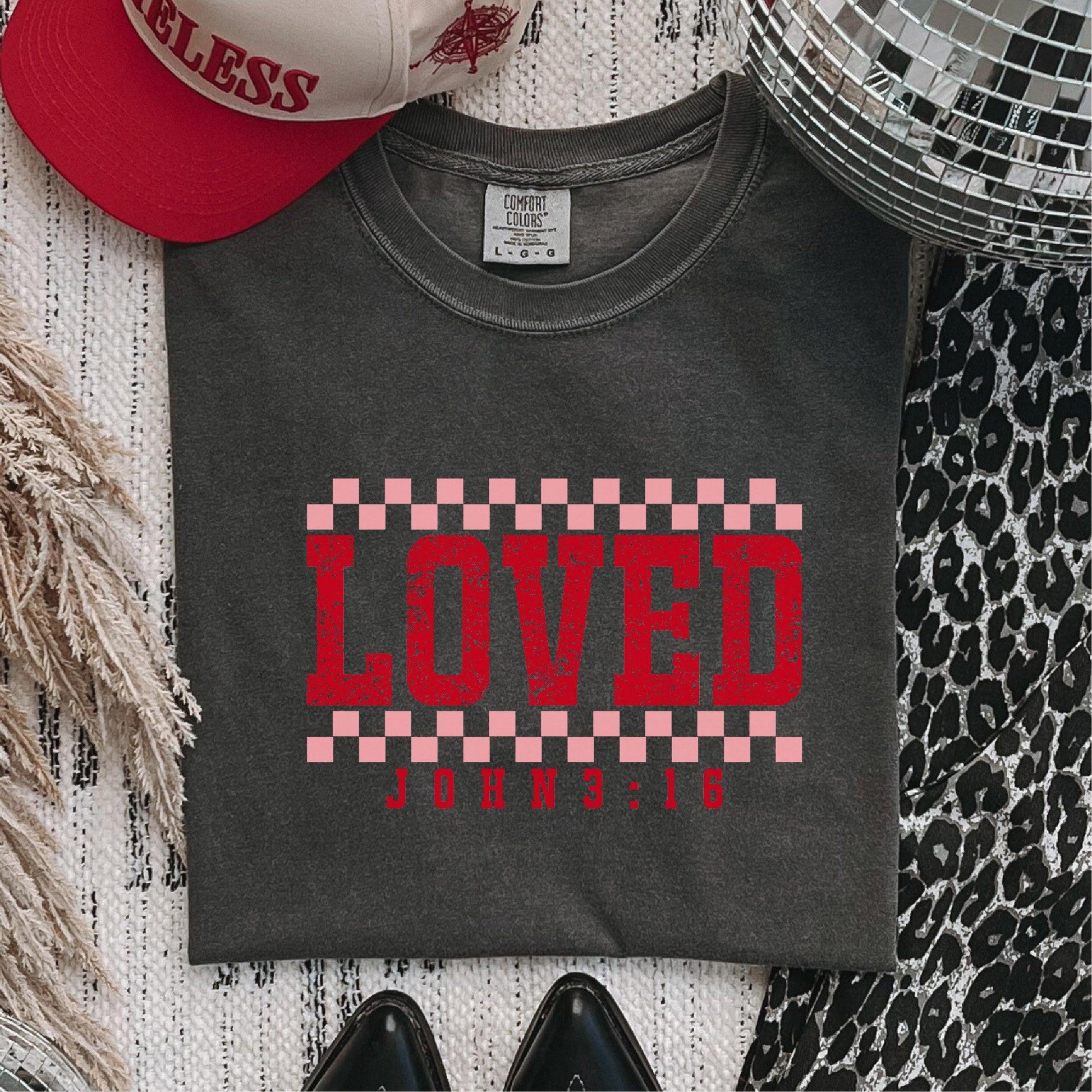 LOVED Valentine’s DTF Transfer – Vintage Checkerboard Design with John 3:16 - Nashville Design House