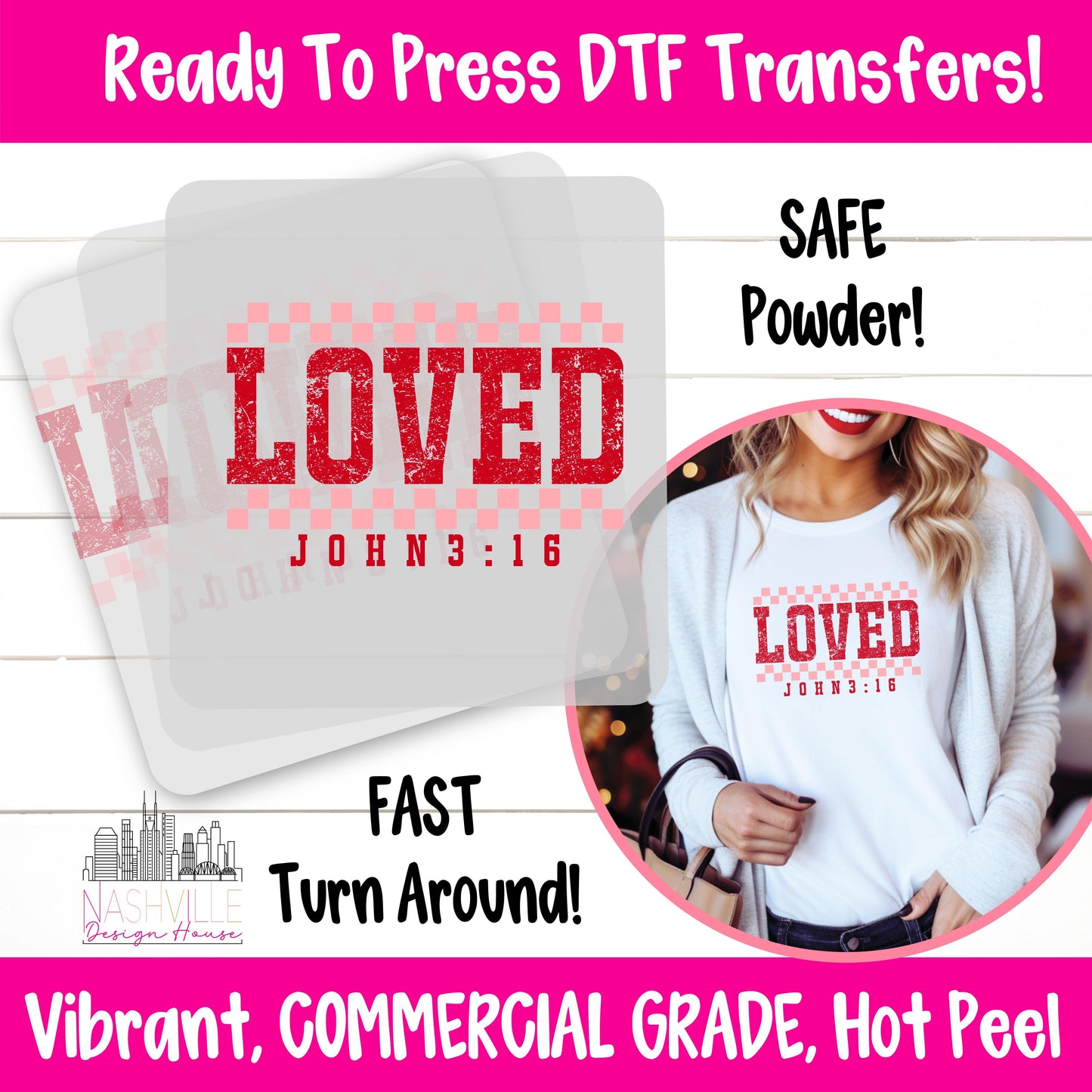 LOVED Valentine’s DTF Transfer – Vintage Checkerboard Design with John 3:16 - Nashville Design House