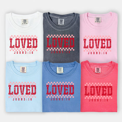 LOVED Valentine’s DTF Transfer – Vintage Checkerboard Design with John 3:16 - Nashville Design House