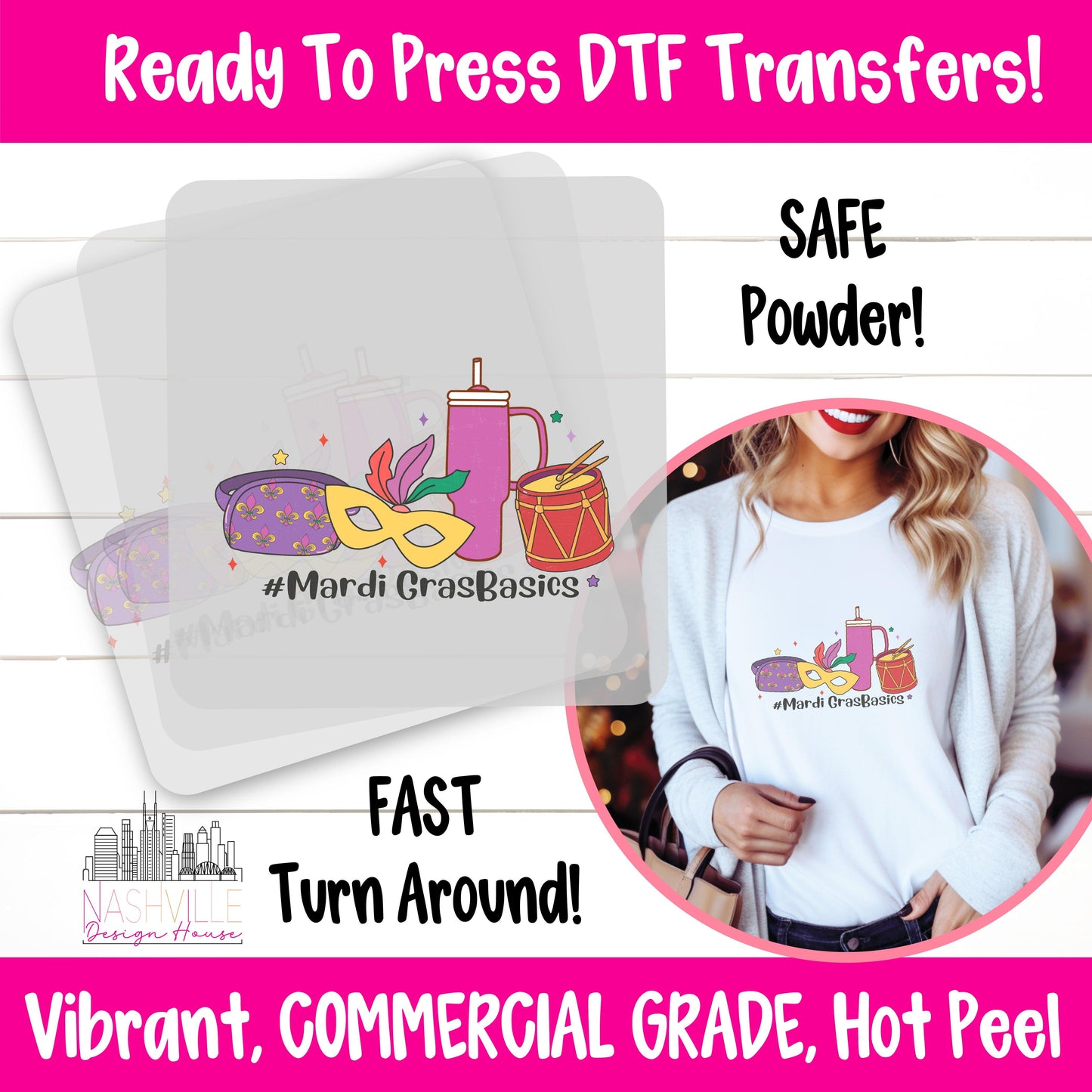 “Mardi Gras Basics” DTF Transfer – Mask, Drum, Tumbler & Belt Bag Vibes - Nashville Design House