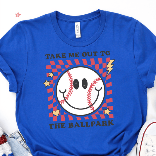 Retro Smiley Baseball Take Me Out To The Ball Park - Baseball DTF Transfer - Nashville Design House