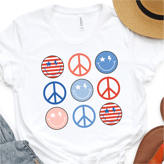 Retro Smiley Faces and Peace Signs - Red White and Blue - 4th of July DTF Transfer Independence Day T-shirt Transfer - Nashville Design House