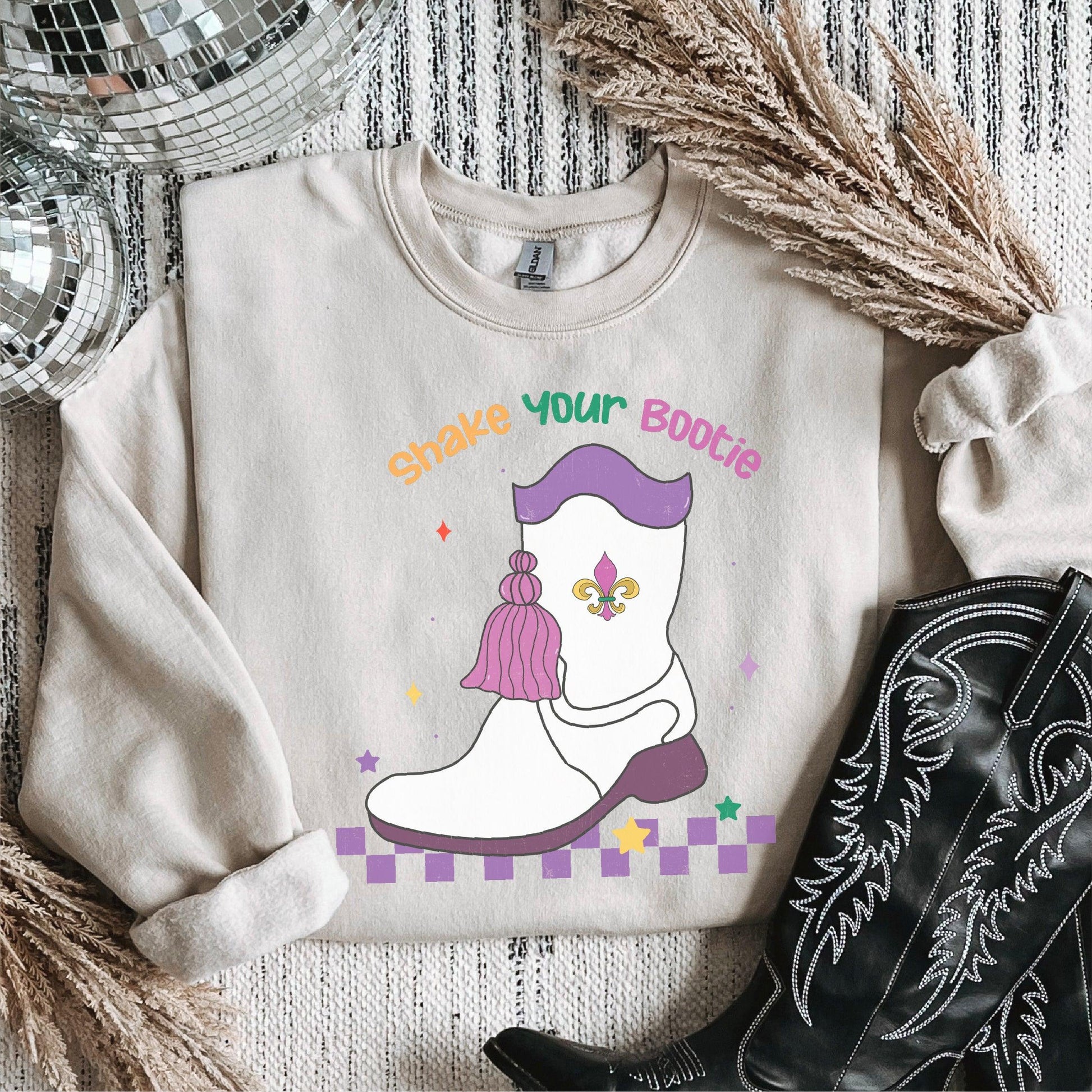 “Shake Your Bootie” Tassel Boot Mardi Gras DTF Transfer - Nashville Design House